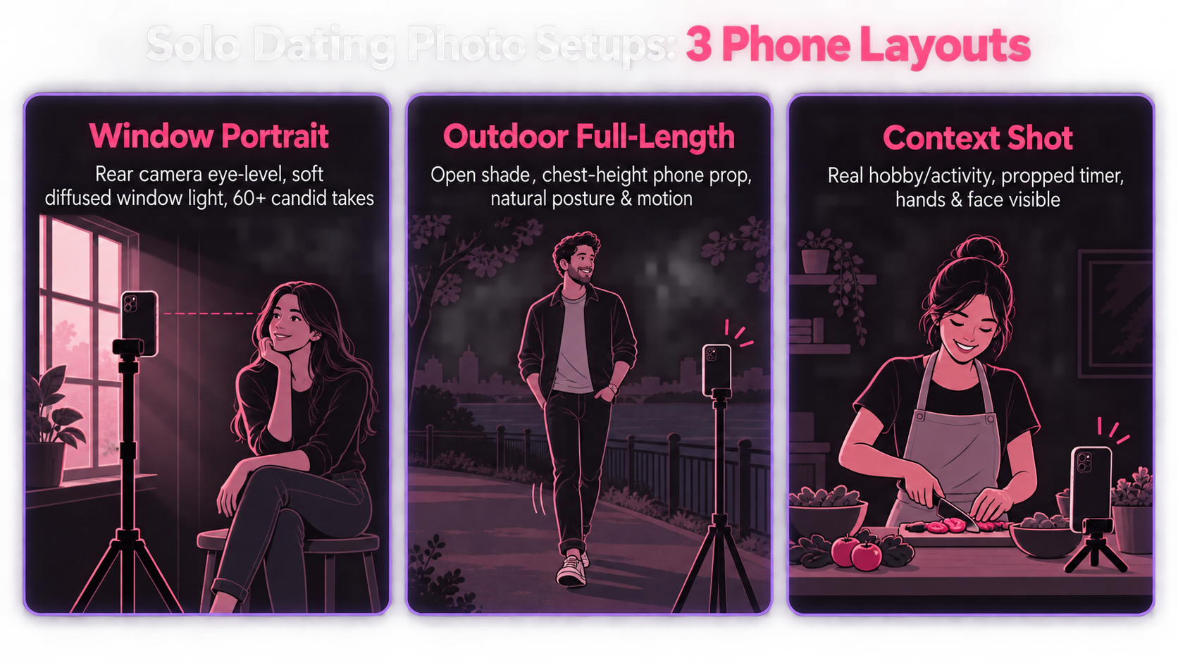 Solo Dating Photo Setups: 3 Phone Layouts
